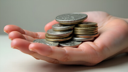 A detailed stack of coins resting on a human hand with visible texture.