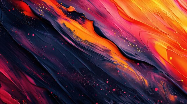 Vibrant abstract paint texture with dynamic orange, pink, and dark purple strokes and splashes