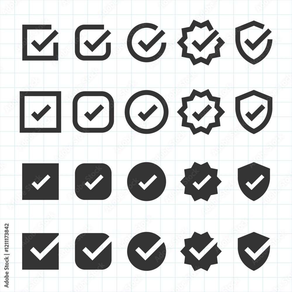 Poster set of checkmark icons in various shapes: circles, squares, shields, and stars. black checkmarks on 