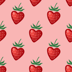 Valentines Day seamless pattern with cute strawberry hearts on a pastel pink background. Bright red heart shaped strawberries vector pattern. Background for a wrapping paper, textile print, wallpaper