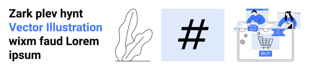 E-commerce interface with people shopping online, a large metadata tag, and promotional text with plant sketch. Ideal for e-commerce, marketing, web design, retail, social media, technology online