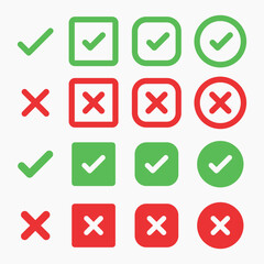 Green check marks and red X marks in various styles. Check marks and X marks in boxes and circles. Symbols for correct and incorrect choices. Vector element set.