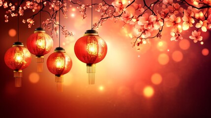 Glowing Red Lanterns & Cherry Blossoms: Festive Asian Background