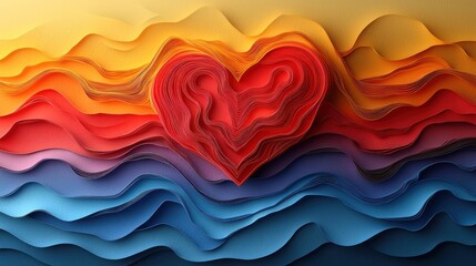 Fototapeta premium Colorful Abstract Heart Landscape: A vibrant paper art creation depicting a heart nestled within layered, undulating waves of color, evoking feelings of love and serenity.