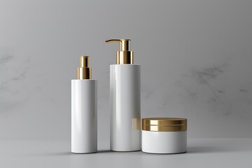 A set of white and gold cosmetic bottles, with three shapes, such as round or rectangular jars, on a pure background,