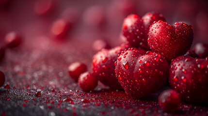 Close-up of Heart-Shaped Cherries Covered in Dew Drops