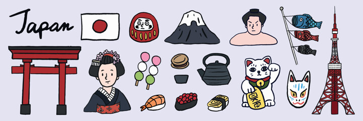 Illustration of Japanese culture with icons like a torii gate, geisha, sushi, and Mount Fuji. Japanese symbols and icons celebrating Japan's rich heritage. Japan travel illustrations vector set.