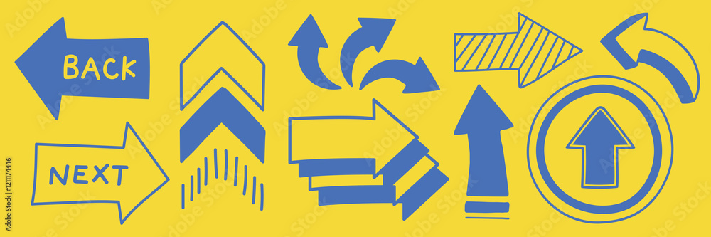 Poster blue arrows on a yellow background. various arrow designs: curved, straight, and zigzag. arrows poin