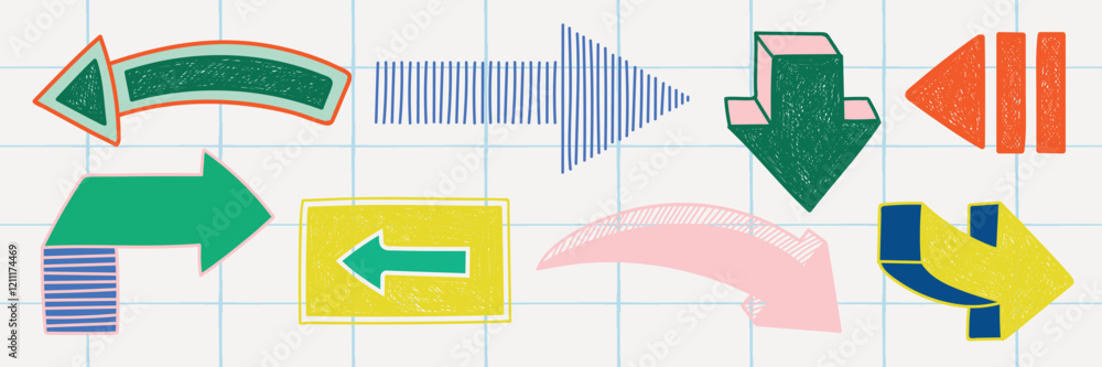 Poster colorful arrows on grid paper. various arrows in green, blue, yellow, and red. arrows pointing in di