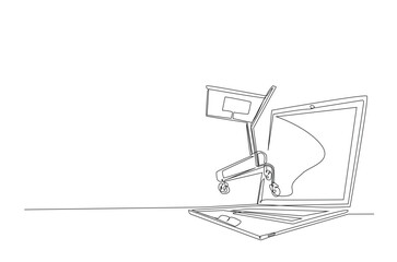shopping cart out from laptop in continuous one line drawing. Sale, digital lifestyle, E-commerce, digital marketing and online shopping concept.