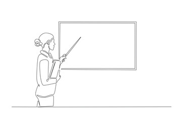 businesswoman doing presentation with whiteboard in continuous one line drawing. Teacher and whiteboard in single line art illustration. Editable vector.
