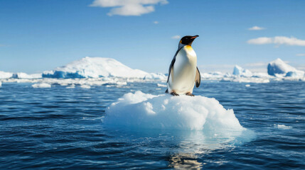 Fototapeta premium lone penguin stands on shrinking ice floe surrounded by open water