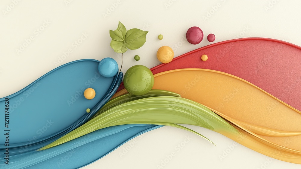 Poster colorful abstract waves with bubbles and leaf on soft background in vibrant artistic design