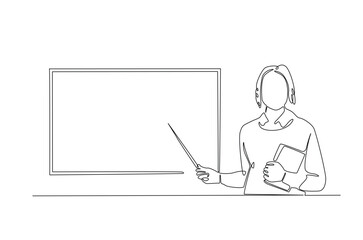 businesswoman doing presentation with whiteboard in continuous one line drawing. Teacher and whiteboard in single line art illustration. Editable vector.