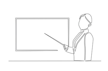 businesswoman doing presentation with whiteboard in continuous one line drawing. Teacher and whiteboard in single line art illustration. Editable vector.