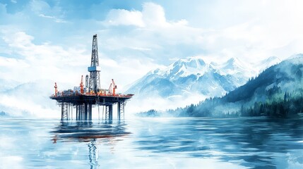 Obraz premium Offshore Oil Rig in Majestic Mountain Landscape: Stunning Watercolor Art