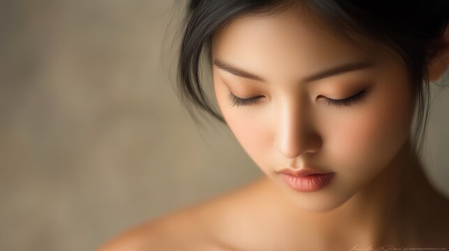 51.A beauty portrait of a young Asian woman captured in soft natural light, highlighting her smooth skin, gentle expression, and radiant complexion against a simple, blurred background.