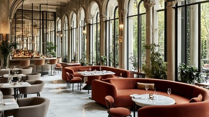 Elegant Restaurant Interior With Archways and Lush Greenery