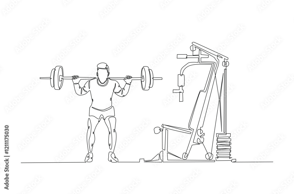 Poster man doing exercise with a heavy weight bar in continuous one line drawing. cardio and lifting exerci