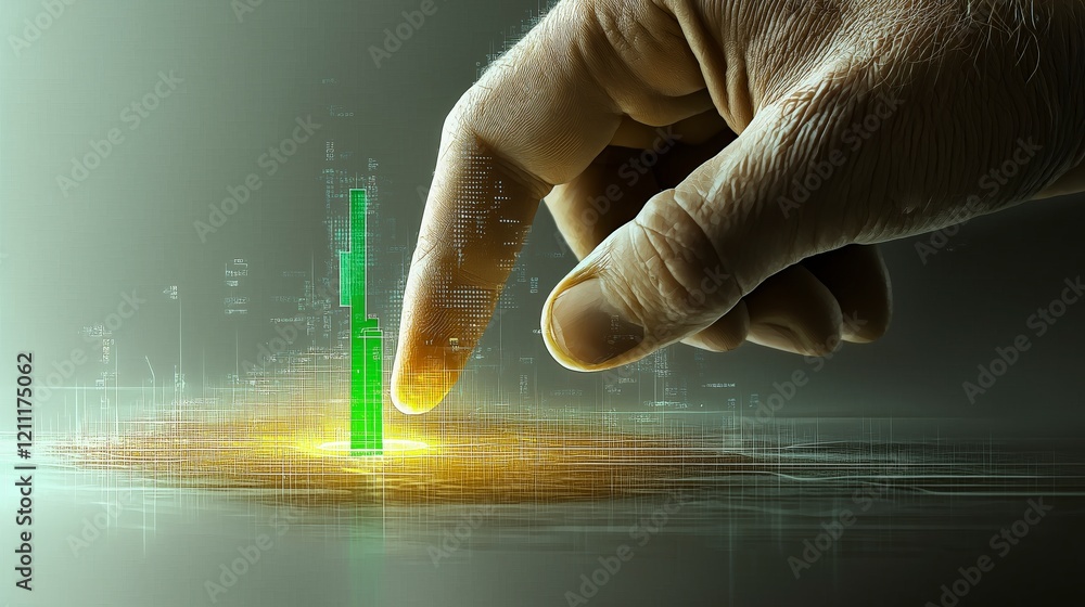 Poster digital finger touching green bar graph in a futuristic interface setting with abstract elements