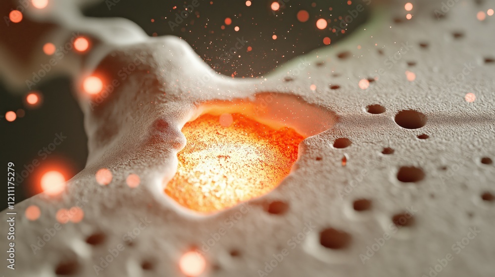Poster abstract close-up view of microbial structure with orange glow and textured surface features