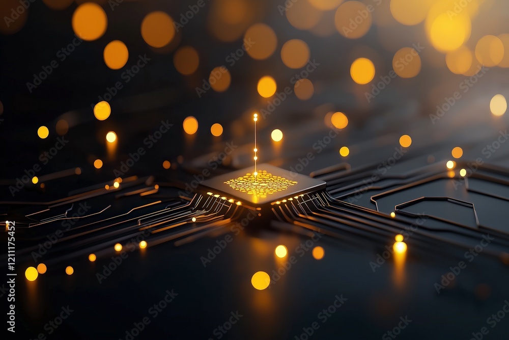 Poster sparkling microchip surrounded by glowing particles in a high-tech digital background