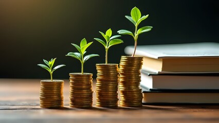 Stacks of gold coins arranged like steps, topped with a green sprout, symbolizing financial growth and sustainability, with books adding a thoughtful touch.