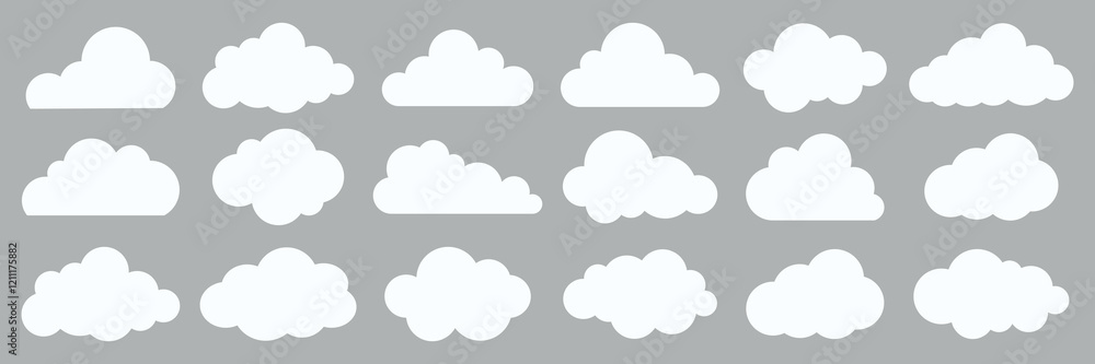 Poster collection of white cloud icons on a gray background. various cloud shapes. simple cloud design. per