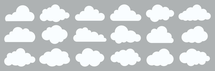 Collection of white cloud icons on a gray background. Various cloud shapes. Simple cloud design. Perfect for weather or nature themes. Cloud icons for design. Weather element vector set.