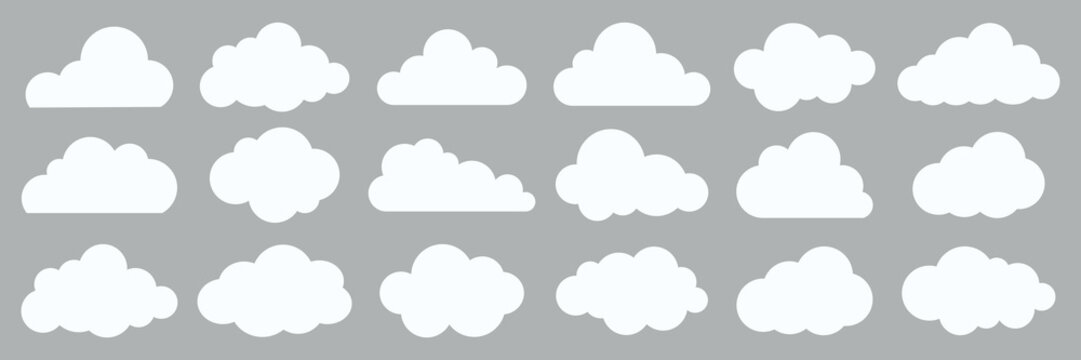 Collection of white cloud icons on a gray background. Various cloud shapes. Simple cloud design. Perfect for weather or nature themes. Cloud icons for design. Weather element vector set.