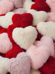 Valentine's Day, Fluffy heart-shaped cushions: A playful and comforting photo of a pile of fluffy heart-shaped cushions in red, white and pastel pink completely covering the frame