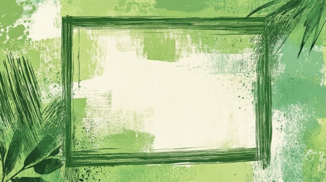 47.A green, rectangle-shaped abstract frame centered on a paper background, featuring layered organic patterns, crayon scribble textures, and soft, uneven edges, evoking a natural landscape theme.