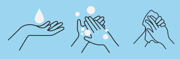 Illustration of hand washing steps: water drop, soapy hands, drying hands. Simple line art showing hygiene, cleanliness, and proper hand washing technique. Hygiene illustrations, vector set.