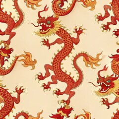 A vibrant illustration featuring red dragons entwined against a soft cream background, showcasing traditional Asian artistic elements.