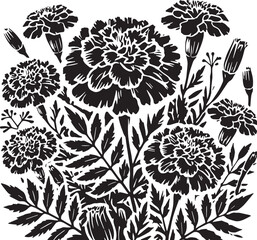 Black Color Marigolds Silhouette Vector Illustration, Solid White Background. minimal vector design