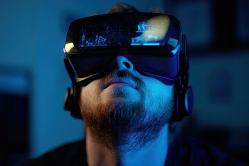 Virtual Reality Headset User Immersed in Futuristic Digital World