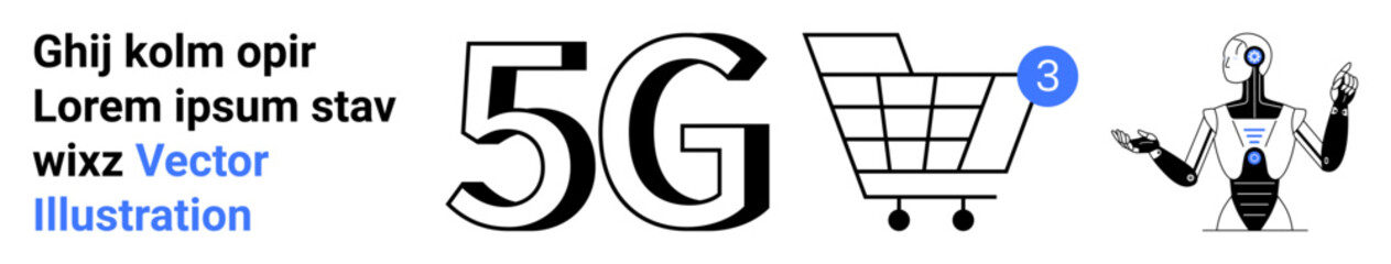 5G technology icon, online shopping cart with 3 notifications, futuristic humanoid robot, Latin placeholder text in black, blue accents. Ideal for tech presentations, e-commerce, AI introduction