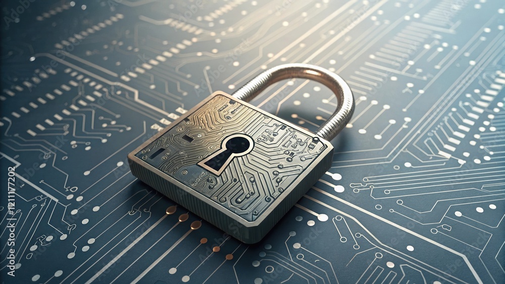 Poster a metallic padlock rests on a circuit board, symbolizing digital security and protection in a techno
