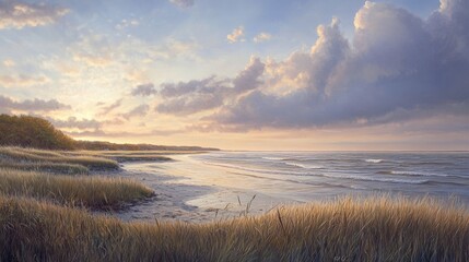 Fototapeta premium 82.A panoramic view of a serene coastal landscape, with rhythmic waves rolling under a partly cloudy sky, the shoreline curving gently into the distance under a golden glow.