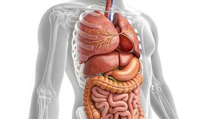 A detailed illustration of the human torso, showcasing internal organs such as the lungs, heart, liver, stomach, and intestines in a transparent anatomical model.