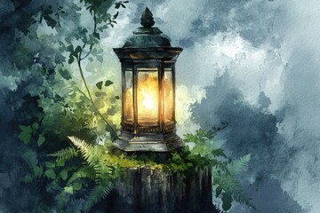 Illuminated Lantern Amidst Lush Green Foliage at Night