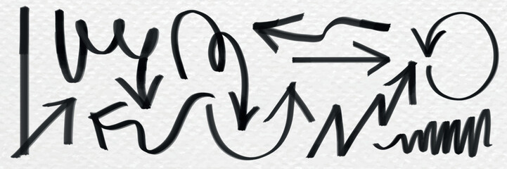 Black arrows in various directions on a white background. Arrows pointing up, down, left, right. Curved arrows, zigzag arrows, circular arrows. Sketchy arrow design. Hand drawn doodles set. Vectors.