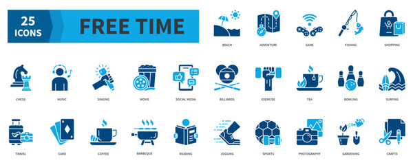 Free Time  Icon Collection Set. Containing beach, adventure, game, fishing, shopping, music, movie, travel, sports Icon. Simple Flat Vector. Blue Color Style