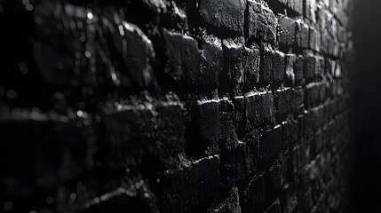 A highly detailed and realistic close-up of a black brick wall, featuring rough textures, natural imperfections