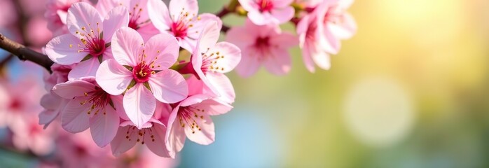 Obraz premium Pink cherry tree blossom flowers blooming in spring, easter time against a natural sunny blurred garden banner background of blue, yellow and white bokeh.