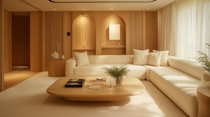 Fototapeta premium 58.A sophisticated living room setting with minimalist sofas in neutral colors, light wooden furniture, and a soft natural light-filled environment, perfect for a tranquil and stylish home.