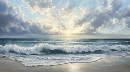 Obraz premium 81.A tranquil scene of ocean waves gently lapping against the shore, the horizon meeting a cloudy sky with soft, muted tones, creating a peaceful and meditative seascape.