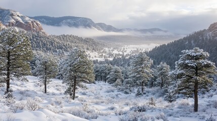 Snow-Covered Pine Trees in a Serene Winter Landscape with Mountain Views