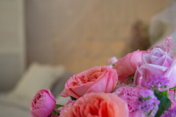Beautiful floral interior with bed. High quality photo