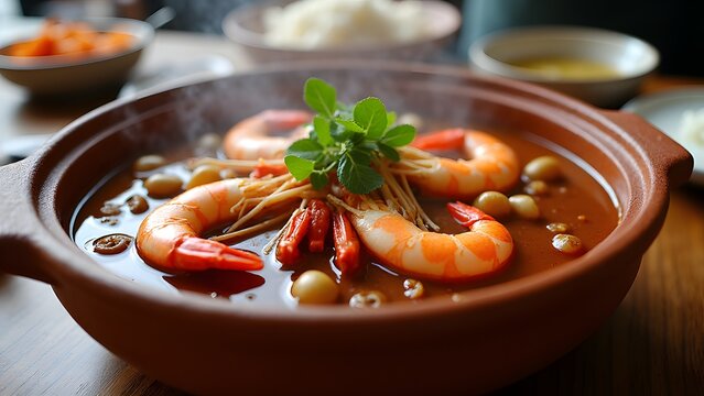 Steaming shrimp soup with herbs, mushrooms, and broth, served in a terracotta pot, delivering a comforting and aromatic seafood dish for any occasion. - Powered by Adobe